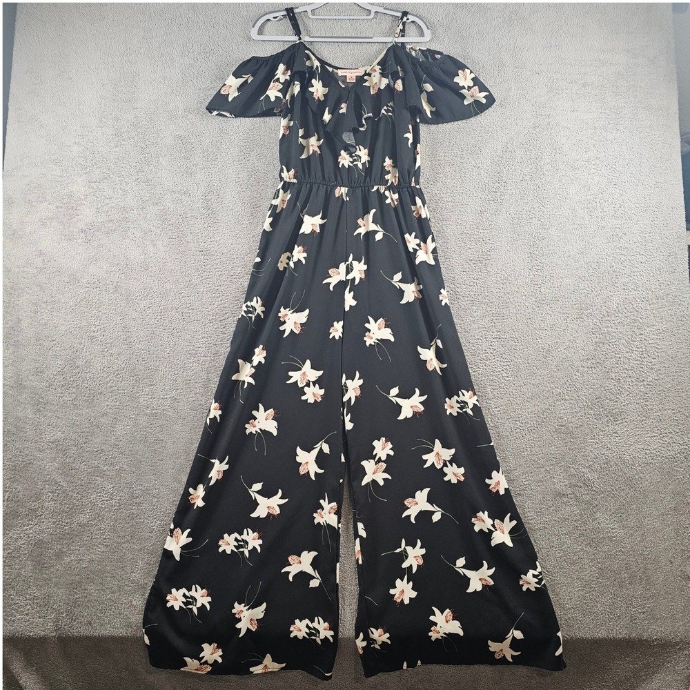 Band of Gypsies Black Floral Lily Cold Shoulder Wide Leg Jumpsuit Medium